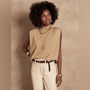 Banana Republic Franca Padded Shoulder Cashmere Mock-neck Sweater, tan size S